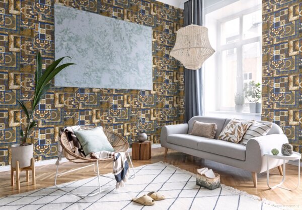 A.S. Création | Vliesová tapeta na stenu Versace 37048-1 | 0,70 x 10,05 m | modrá, biela, zlatá, šedá, čierna