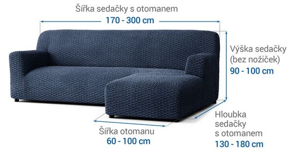 Bielastické poťahy MOSAICO modré sedačka s otomanom vpravo (š. 170 - 300 cm)