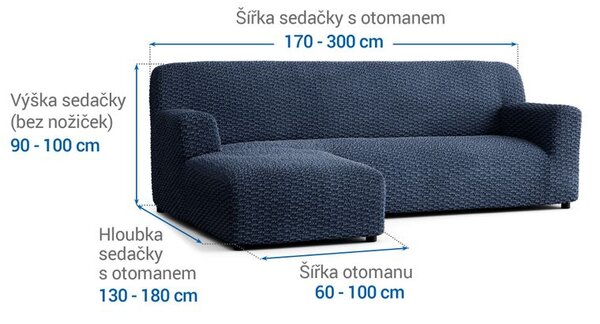 Bielastické poťahy MOSAICO modré sedačka s otomanom vľavo (š. 170 - 300 cm)