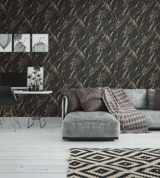 A.S. Création | Vliesová tapeta na stenu Casual Living 39336-2 | 0,53 x 10,05 m | čierna, šedá, zlatá, metalická