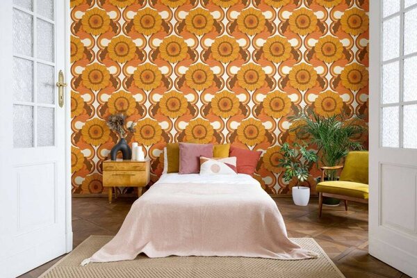 A.S. Création | Vliesová tapeta na stenu Retro Chic 39530-4V | 0,53 x 8,5 m | žltá, oranžová, hnedá, biela, červená, viacfarebná