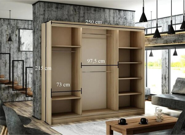 Kvalitná Šatníková Skriňa Velis 250 cm Čierny mat Biela