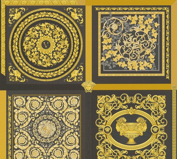 A.S. Création | Vliesová tapeta na stenu VERSACE 38704-3 | 0,70 x 10,05 m | čierna, krémová, žltá