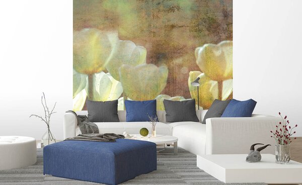 DIMEX | Vliesová fototapeta na stenu Astrakt biele tulipány MS-3-0385 | 225 x 250 cm | zelená, biela, žltá, viacfarebná
