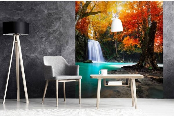 DIMEX | Vliesová fototapeta na stenu Vodopád uprostred lesa MS-3-0083 | 225 x 250 cm | tyrkysová, hnedá, žltá, červená