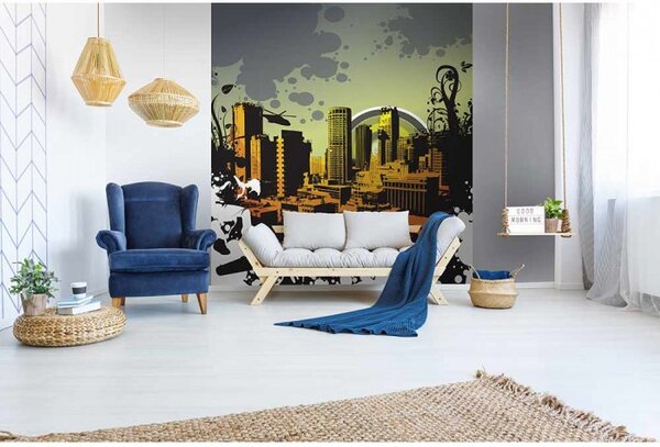 DIMEX | Vliesová fototapeta na stenu Nakreslené mesto MS-3-0325 | 225 x 250 cm | zelená, žltá, oranžová, čierna