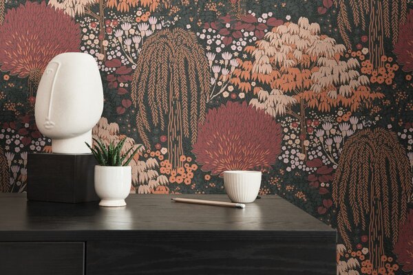 A.S. Création | Vliesová tapeta na stenu Famous Garden 39350-4 | 0,53 x 10,05 m | čierna, oranžová, marhuľová, vínová, ružová, viacfarebná