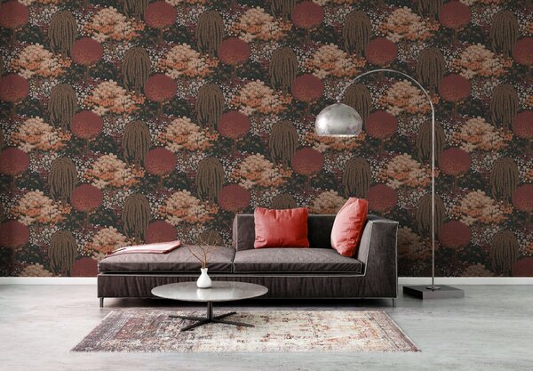 A.S. Création | Vliesová tapeta na stenu Famous Garden 39350-4 | 0,53 x 10,05 m | čierna, oranžová, marhuľová, vínová, ružová, viacfarebná