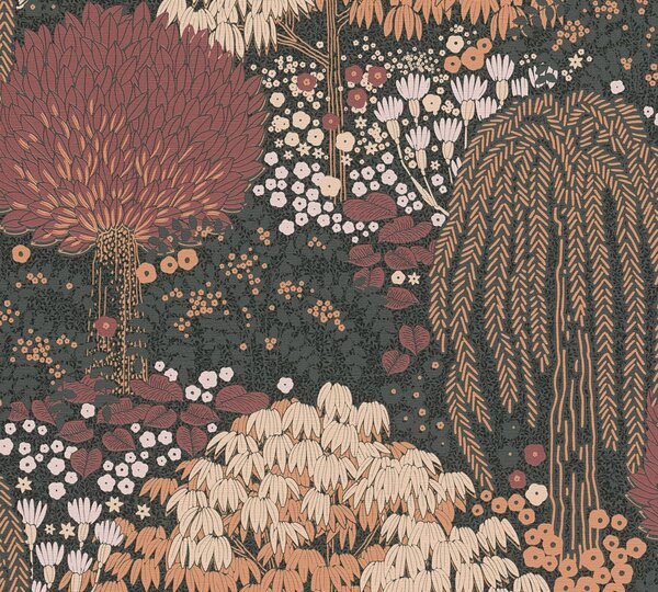 A.S. Création | Vliesová tapeta na stenu Famous Garden 39350-4 | 0,53 x 10,05 m | čierna, oranžová, marhuľová, vínová, ružová, viacfarebná