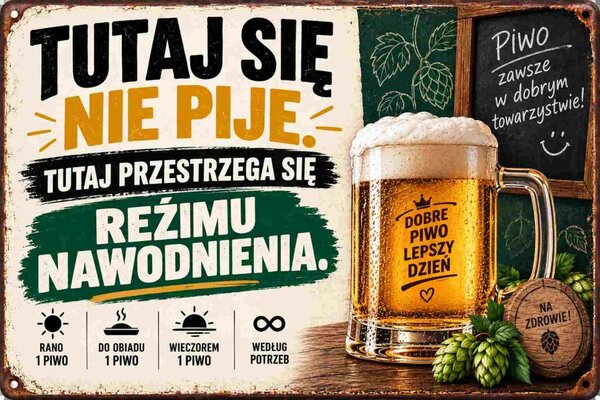 Plechová ceduľa Tutaj sie nie pije. Tutaj Przestrzega sie Rezim Nawodnienia. - Plechová tabuľa