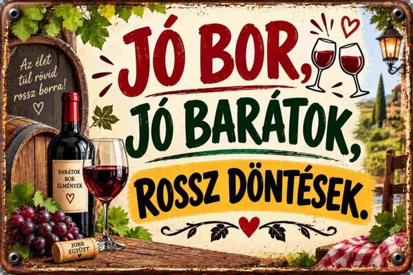 Plechová ceduľa Jó bor, jó barátok,rossz dontések. - Plechová tabuľa