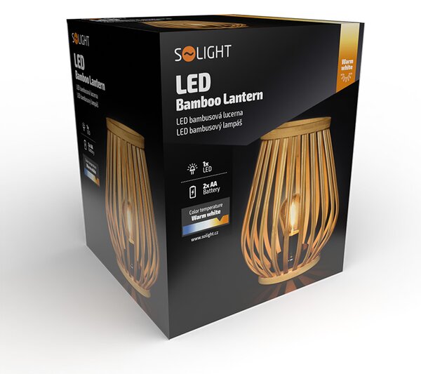 SOLIGHT Bambusový lampáš s LED žiarovkou, teplá biela, 2x AA, 20cm