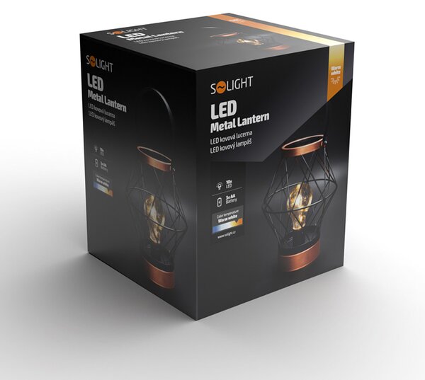 SOLIGHT Kovový lampáš so žiarovkou micro LED, teplá biela, 3xAA, 20cm