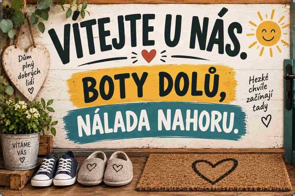 Plechová ceduľa Vítejte u nás. Boty dolu, nálada nahoru.- Plechová tabuľa
