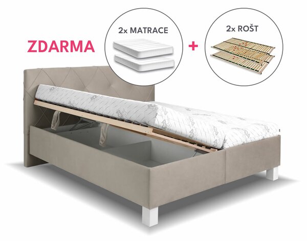 Čalúnená posteľ dvojlôžko Nero, s roštami, matracmi a úložným priestorom