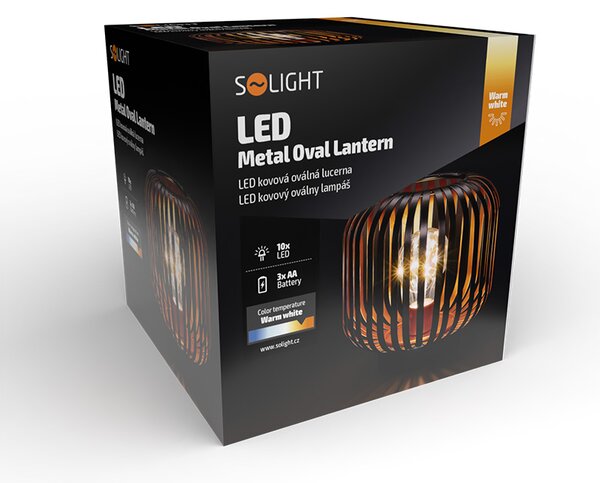 SOLIGHT Kovový oválny lampáš so žiarovkou micro LED, teplá biela, medená, 3xAA, 18cm