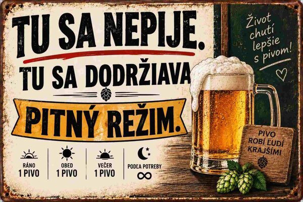Plechová ceduľa Tu sa nepije, tu sa dodržiava pitný režim - Plechová tabuľa