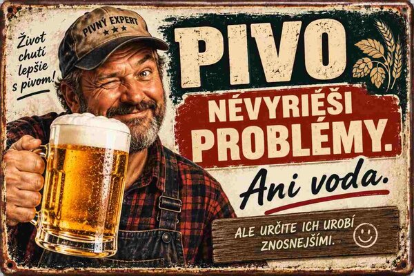Plechová ceduľa Pivo nevyrieši problémy. Ani voda. - Plechová tabuľa