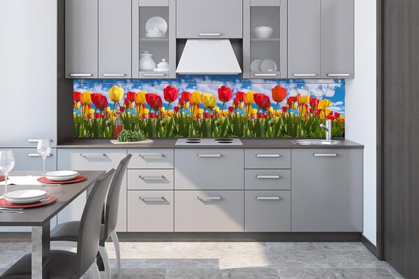 DIMEX | Fototapeta do kuchyne Tulipánové pole KI-260-131 | 260 x 60 cm | zelená, modrá, červená, žltá