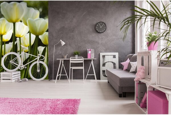DIMEX | Vliesové fototapety na stenu Biele tulipány MS-2-0127 | 150 x 250 cm | žltá, zelená, biela