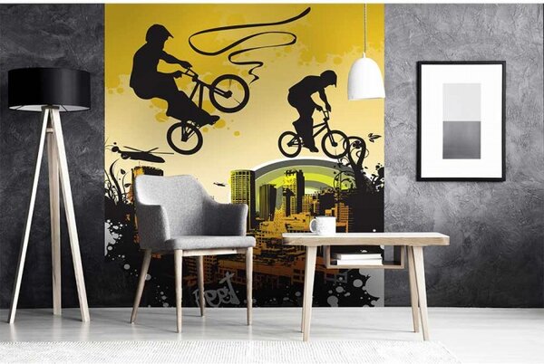 DIMEX | Vliesová fototapeta na stenu Cyklisté MS-3-0326 | 225 x 250 cm | žltá, čierna, oranžová