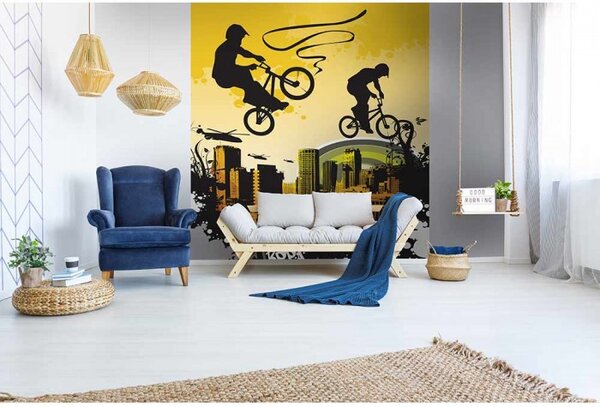 DIMEX | Vliesová fototapeta na stenu Cyklisté MS-3-0326 | 225 x 250 cm | žltá, čierna, oranžová