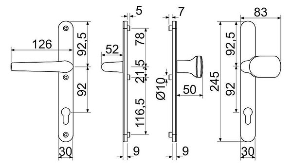 Dverové kovanie pre vstupné dvere RICHTER RHD.005.92 (F4), madlo/klika, Otvor na cylindrickú vložku PZ, RICHTER F4 (bronz elox), 92 mm