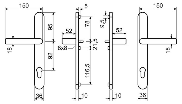 Dverové kovanie pre plastové dvere RICHTER RHD.0031.92 (F1), kľučka-kľučka, Otvor na cylindrickú vložku PZ, RICHTER F1 (prírodný elox), 92 mm