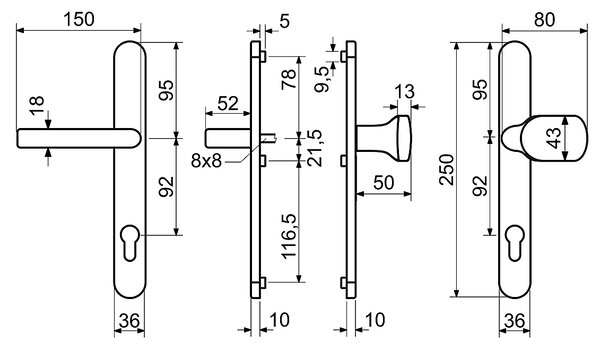 Dverové kovanie pre plastové dvere RICHTER RHD.0030.92 (F9), madlo/klika, Otvor na cylindrickú vložku PZ, RICHTER F9 (nerez elox), 92 mm