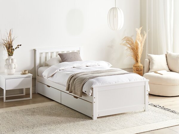 Posteľ biela borovicové drevo MDF 90 x 200 cm s čelom úložný priestor 4 zásuvky minimalistický škandinávsky štýl spálňa detská izba