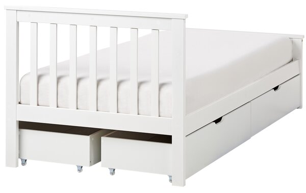 Posteľ biela borovicové drevo MDF 90 x 200 cm s čelom úložný priestor 4 zásuvky minimalistický škandinávsky štýl spálňa detská izba