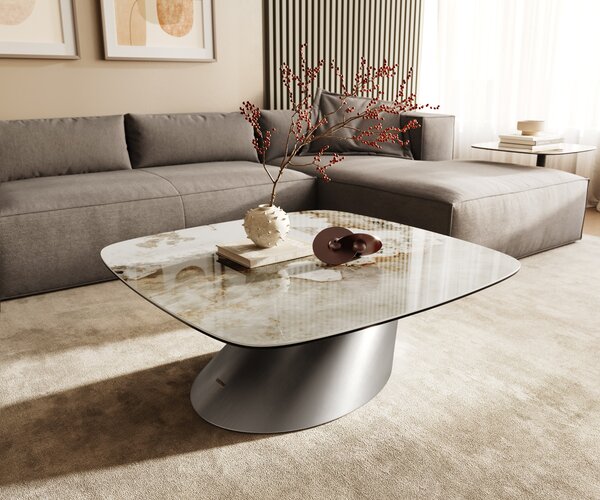 DELIFE Konferenčný stolík Edge zaoblený 90x90 cm keramika Minas Melange Conis nerezová oceľ kefovaná