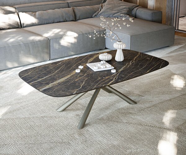 DELIFE Konferenčný stolík Edge zaoblený tvar 140x80 cm keramika Laminam® Noir Desir hnedá Sarity kov efektové prevedenie titánová farba