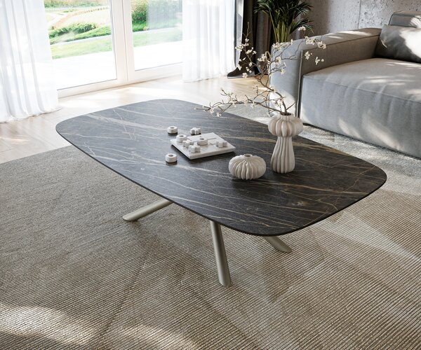 DELIFE Konferenčný stolík Edge zaoblený tvar 140x80 cm keramika Laminam® Noir Desir hnedá Sarity kov efektové prevedenie titánová farba