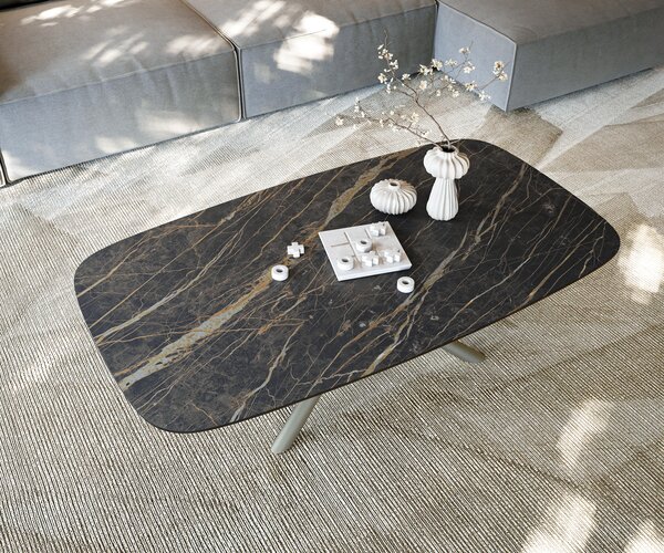 DELIFE Konferenčný stolík Edge zaoblený tvar 140x80 cm keramika Laminam® Noir Desir hnedá Sarity kov efektové prevedenie titánová farba