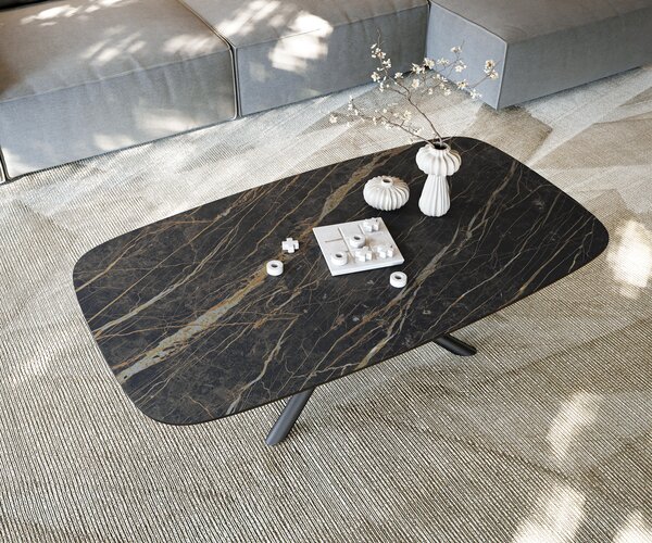 DELIFE Konferenčný stolík Edge zaoblený tvar 140x80 cm keramika Laminam® Noir Desir hnedá Sarity kov čierna