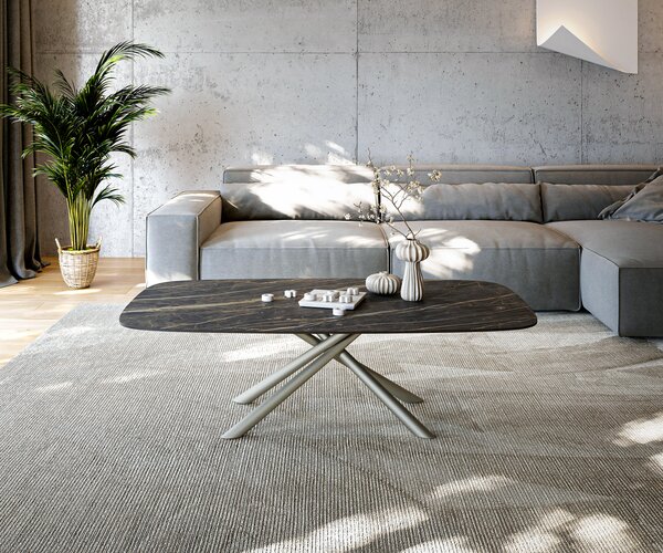 DELIFE Konferenčný stolík Edge zaoblený tvar 140x80 cm keramika Laminam® Noir Desir hnedá Sarity kov efektové prevedenie titánová farba