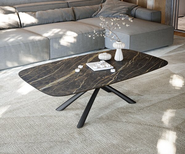 DELIFE Konferenčný stolík Edge zaoblený tvar 140x80 cm keramika Laminam® Noir Desir hnedá Sarity kov čierna