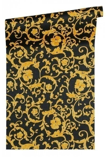A.S. Création | Vliesová tapeta na stenu Versace 34326-2V | 0,70 x 10,05 m | čierna, metalická, žltá