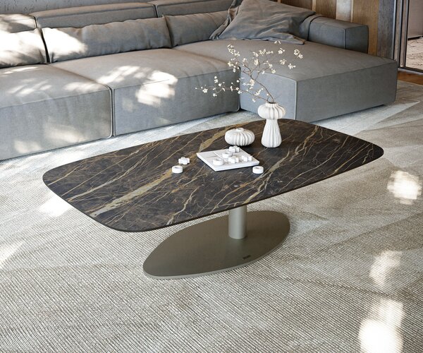 DELIFE Konferenčný stolík Edge zaoblený 140x80 cm keramika Laminam® Noir Desir hnedá Vibany kov efektové prevedenie titánová farba