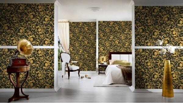 A.S. Création | Vliesová tapeta na stenu Versace 34326-2V | 0,70 x 10,05 m | čierna, metalická, žltá