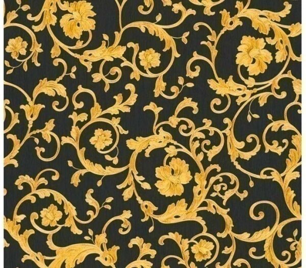 A.S. Création | Vliesová tapeta na stenu Versace 34326-2V | 0,70 x 10,05 m | čierna, metalická, žltá