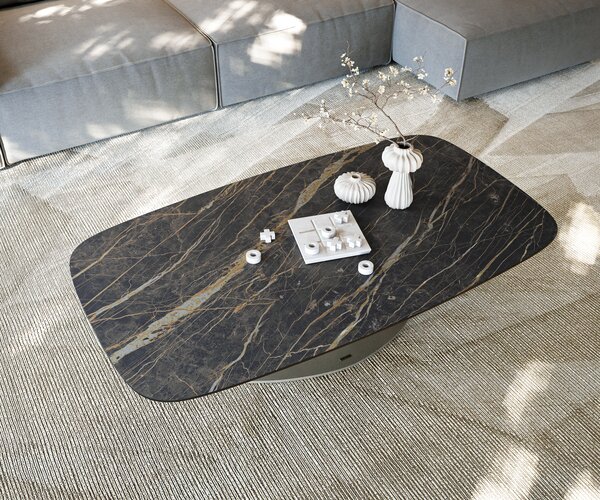 DELIFE Konferenčný stolík Edge zaoblený 140x80 cm keramika Laminam® Noir Desir hnedá Vibany kov efektové prevedenie titánová farba