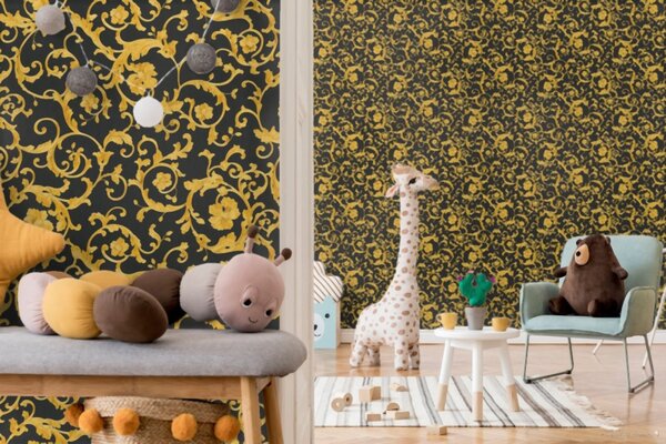 A.S. Création | Vliesová tapeta na stenu Versace 34326-2V | 0,70 x 10,05 m | čierna, metalická, žltá