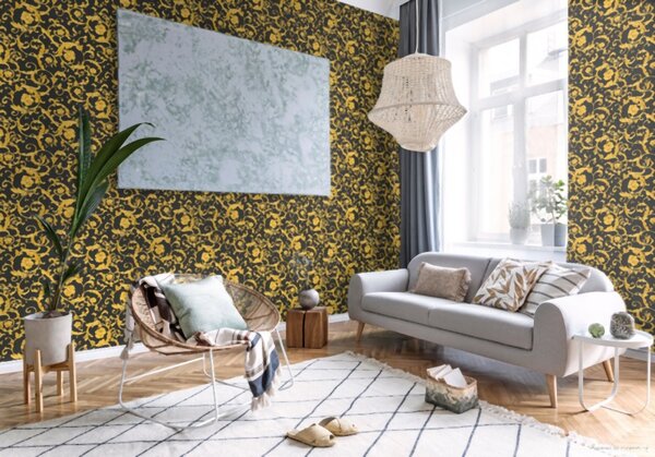 A.S. Création | Vliesová tapeta na stenu Versace 34326-2V | 0,70 x 10,05 m | čierna, metalická, žltá