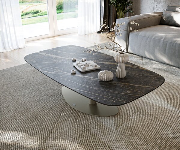 DELIFE Konferenčný stolík Edge zaoblený 140x80 cm keramika Laminam® Noir Desir hnedá Vibany kov efektové prevedenie titánová farba
