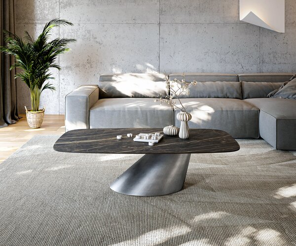 DELIFE Konferenčný stolík Edge zaoblený 140x80 cm keramika Laminam® Noir Desir hnedá Conis metalická strieborná