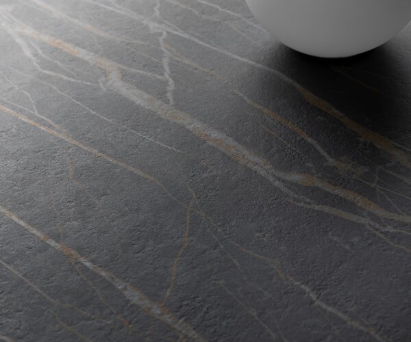 DELIFE Konferenčný stolík Edge zaoblený 140x80 cm keramika Laminam® Noir Desir hnedá Conis metalická strieborná