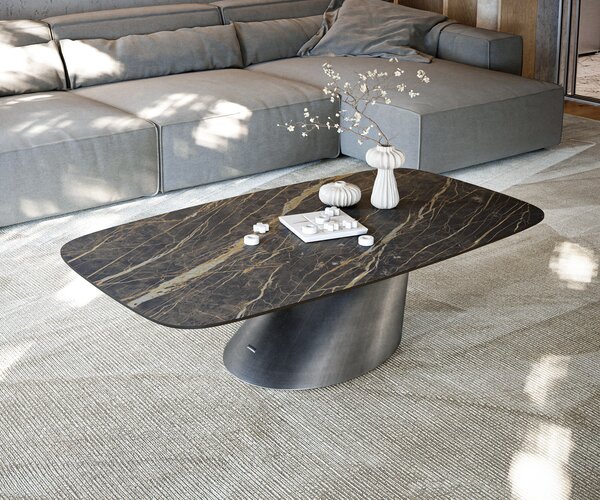 DELIFE Konferenčný stolík Edge zaoblený 140x80 cm keramika Laminam® Noir Desir hnedá Conis metalická strieborná