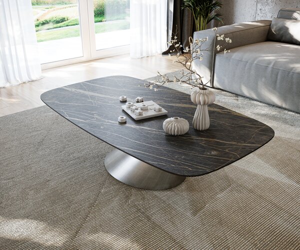 DELIFE Konferenčný stolík Edge zaoblený 140x80 cm keramika Laminam® Noir Desir hnedá Conis metalická strieborná